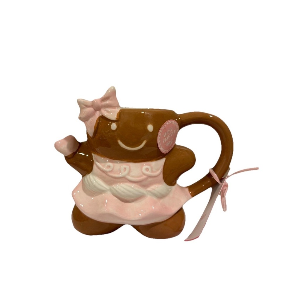 New Peppermint & Pine Mug Ceramic Gingerbread Gil Bow Pink Brown White Christmas
